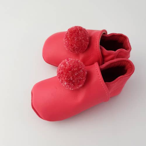 Ciabatte in pelle - Pompon fucsia: 6-12 mesi
