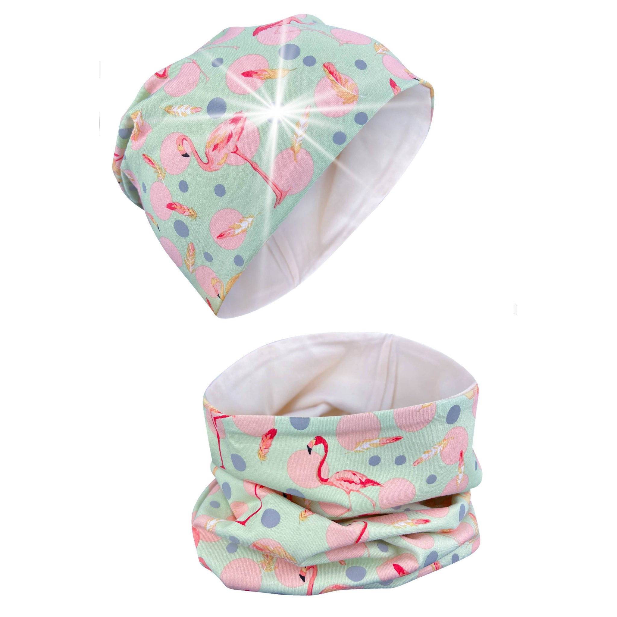 Set cappello riflettente a 360° e sciarpa ad anello per bambini - Flamingo