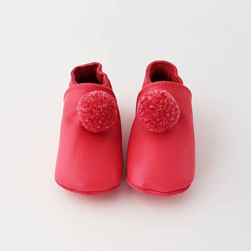 Ciabatte in pelle - Pompon fucsia: 6-12 mesi