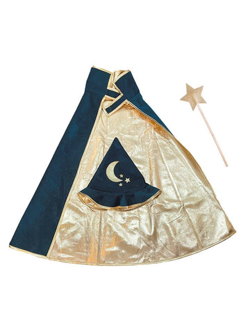 Set costume da mago blu con mantello, cappello e bacchetta