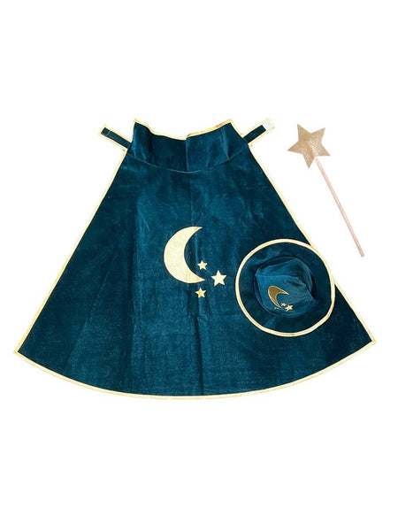 Set costume da mago blu con mantello, cappello e bacchetta
