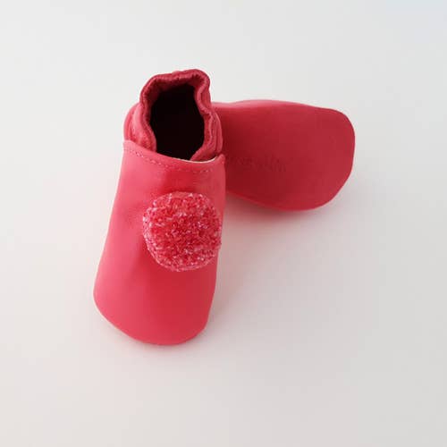 Ciabatte in pelle - Pompon fucsia: 6-12 mesi