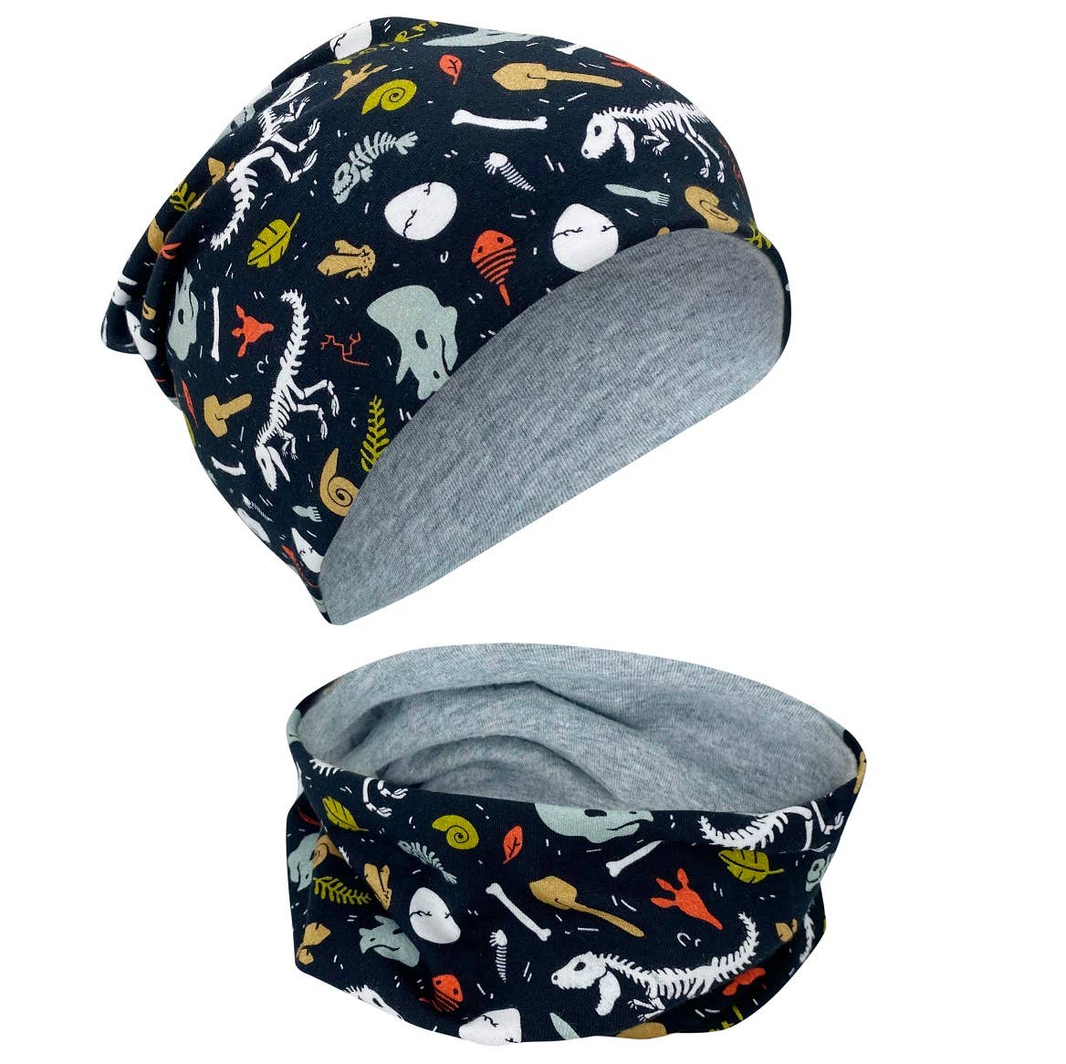 Set berretto e sciarpa per bambini, scheletro di dinosauro, reversibile, 2-8 anni