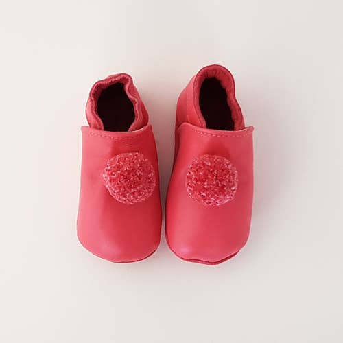 Ciabatte in pelle - Pompon fucsia: 6-12 mesi
