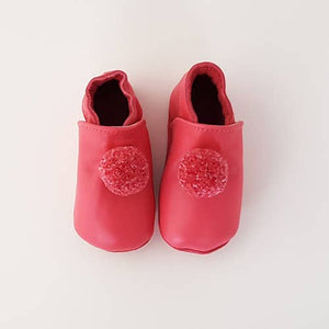 Ciabatte in pelle - Pompon fucsia: 6-12 mesi