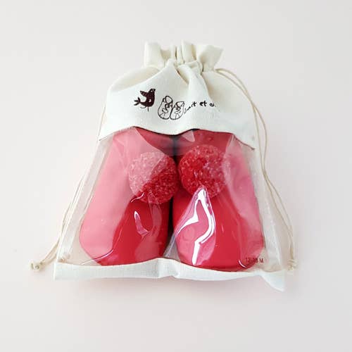 Ciabatte in pelle - Pompon fucsia: 6-12 mesi